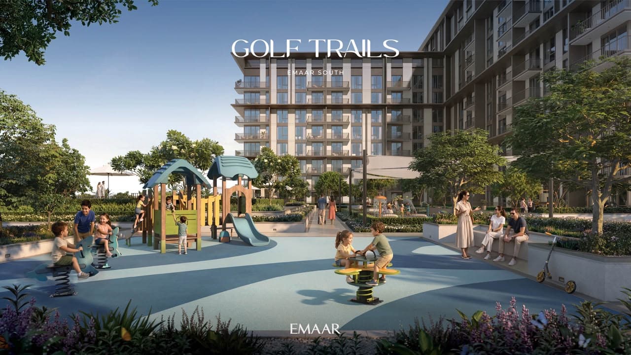 Golf Trails kids' play courtyard with building behind