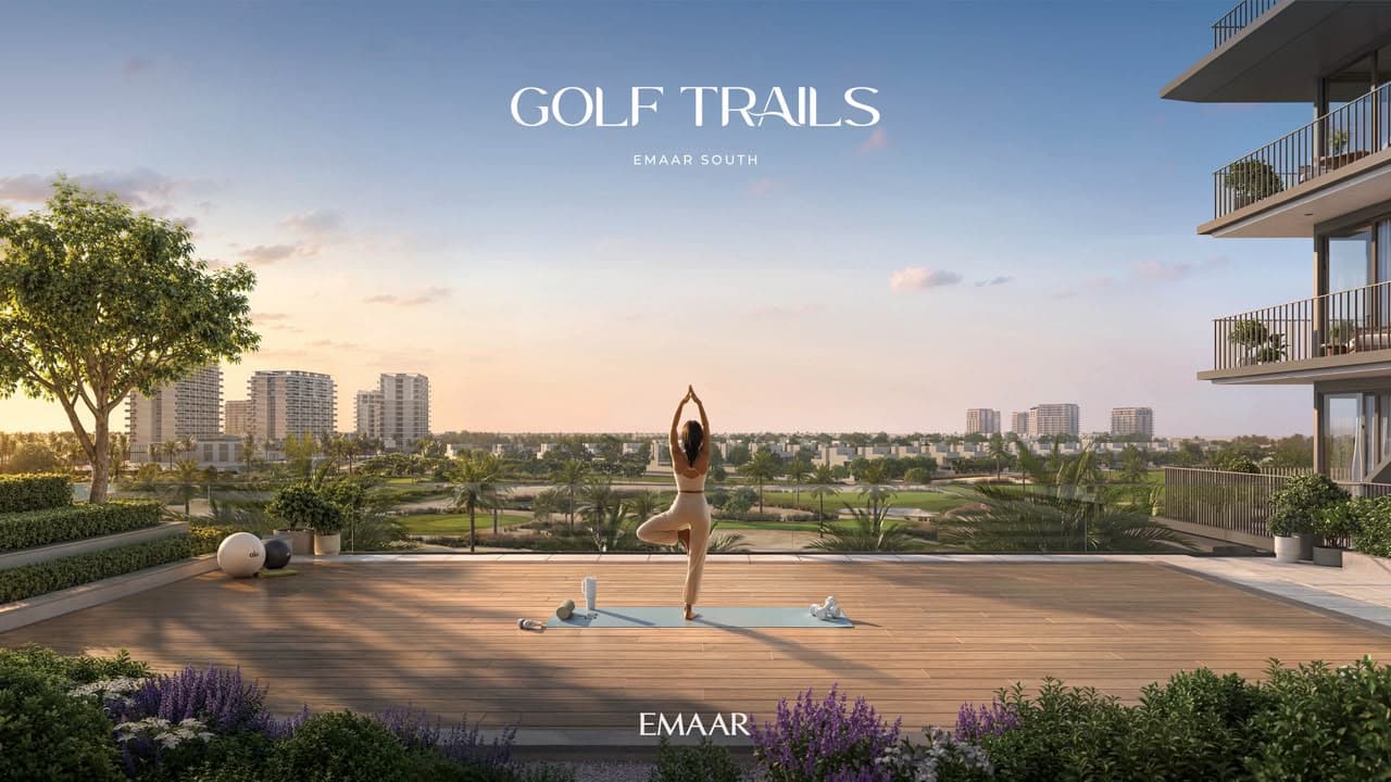 Rooftop yoga deck overlooking the Emaar South golf course at dusk