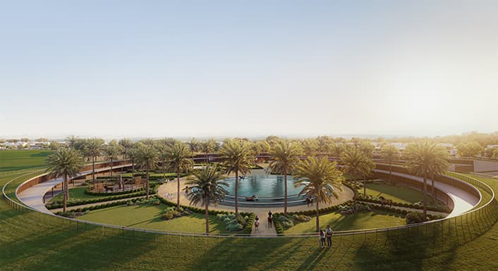 Aerial view of the stables courtyard and water feature at Grand Polo Club & Resort