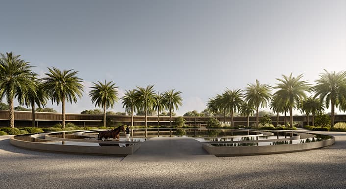 A horse at the stables water feature, Grand Polo Club & Resort
