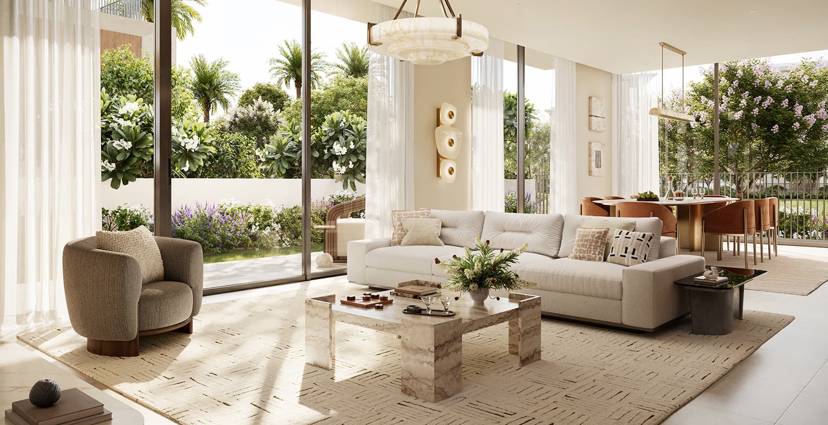 Selvara 4 villa living room interior, opening onto the garden