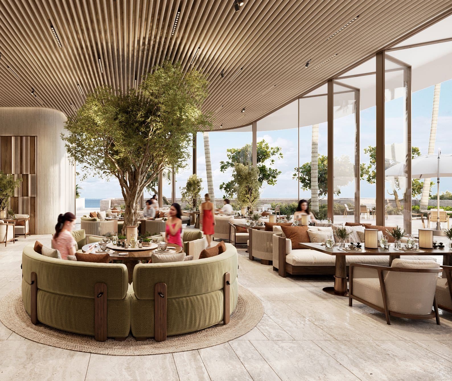 ORLA Beach Club - beachfront dining and lounge, with sea views through full-height glazing