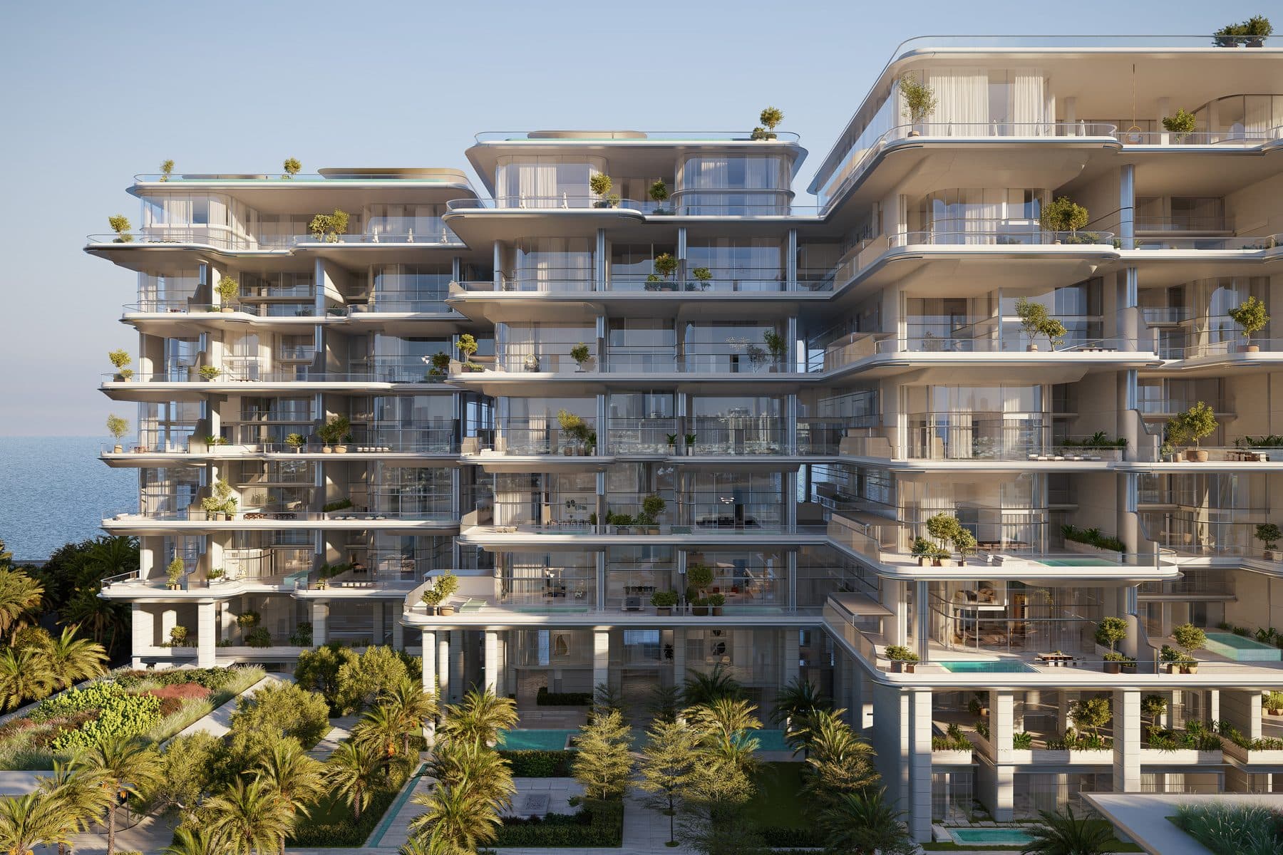 ORLA seen from the garden side, with the podium pools and terraces