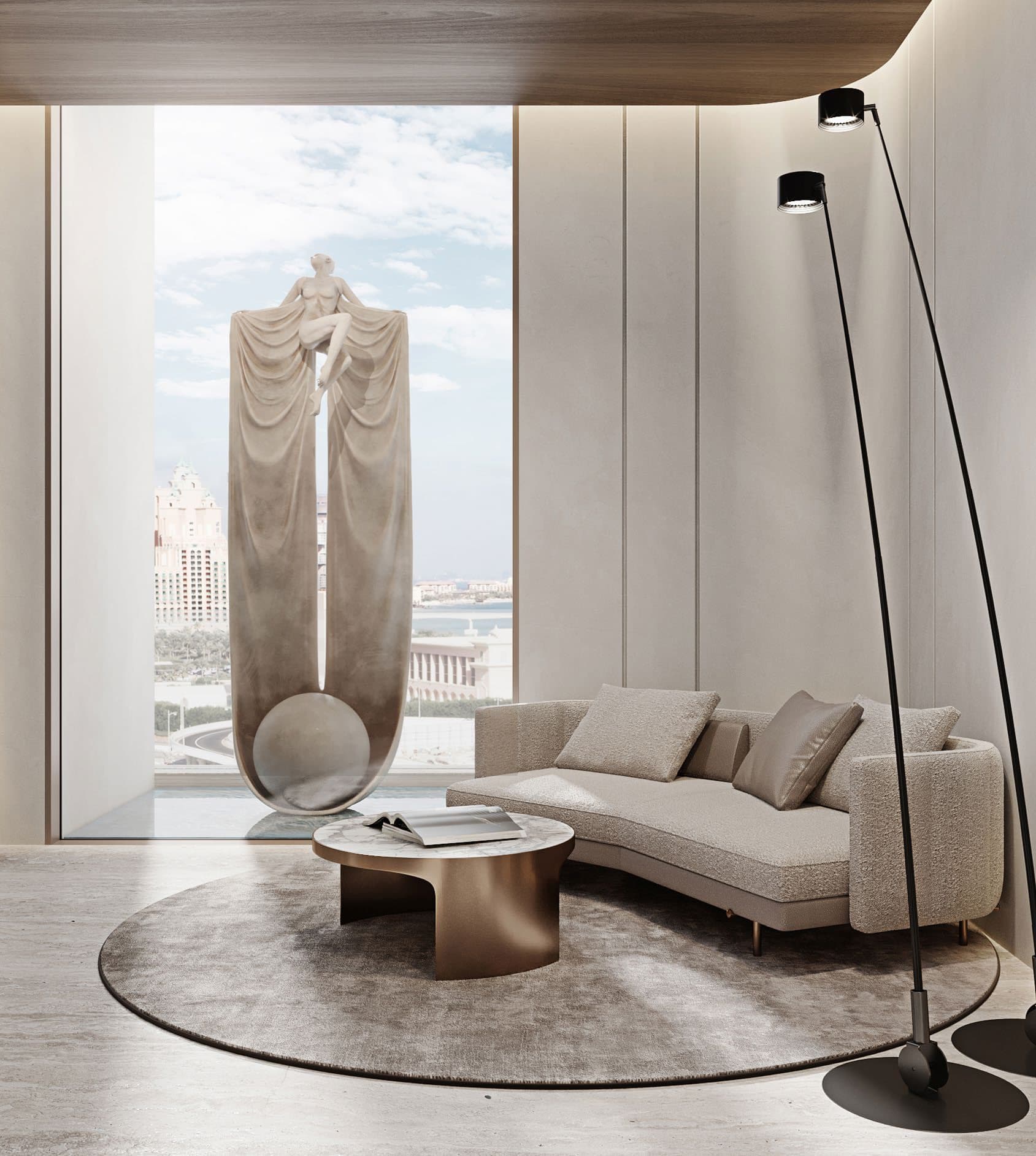 A residence living room, with Atlantis The Palm and the Marina skyline beyond