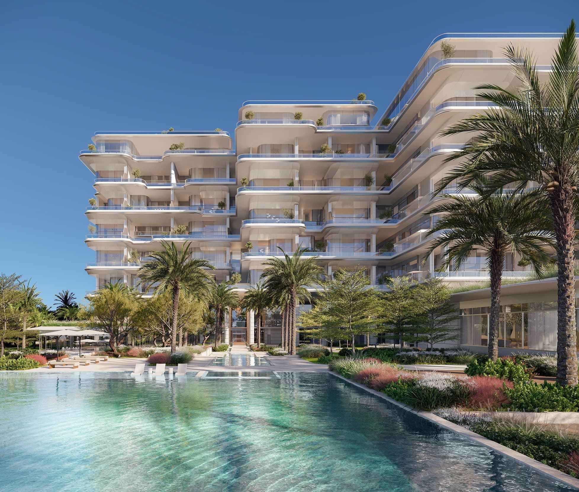 The podium-level pool and landscaped gardens