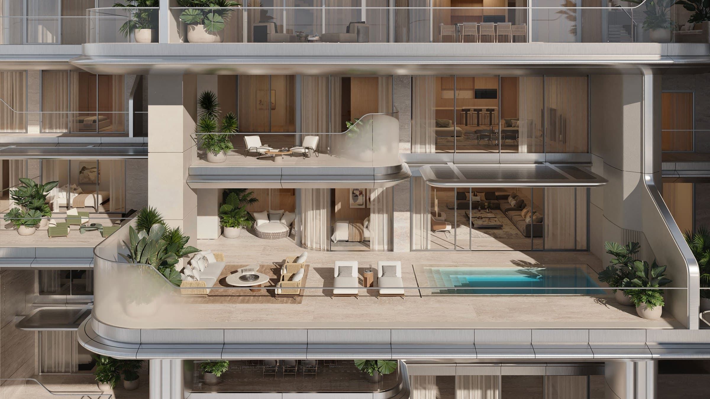 Cutaway of a residence's private pool terrace and interiors across two floors