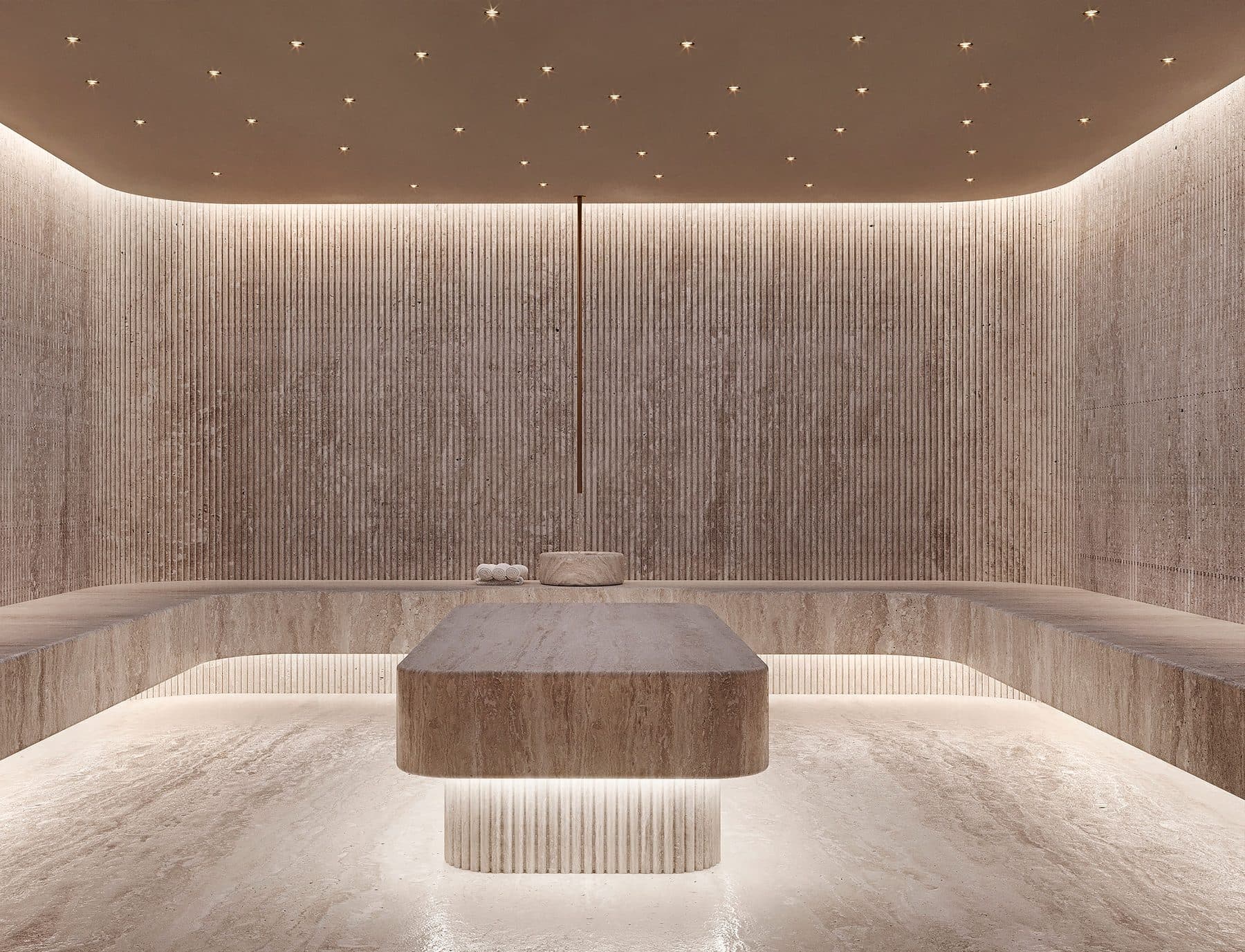 Wellness spa hammam, with heated travertine benches