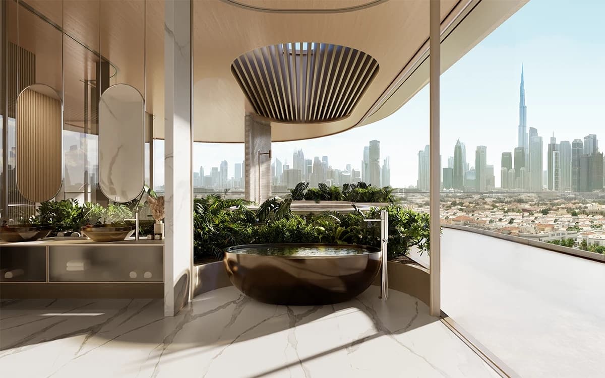 Primary bathroom with a freestanding tub and a Burj Khalifa view