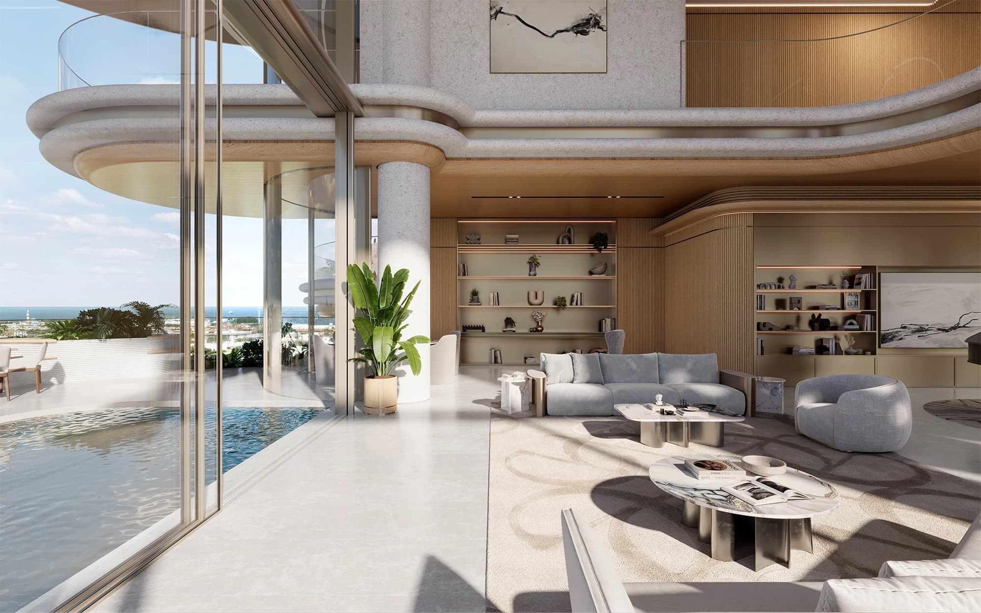 Double-height living room with spiral staircase and Burj Khalifa views inside a Sky Palace residence