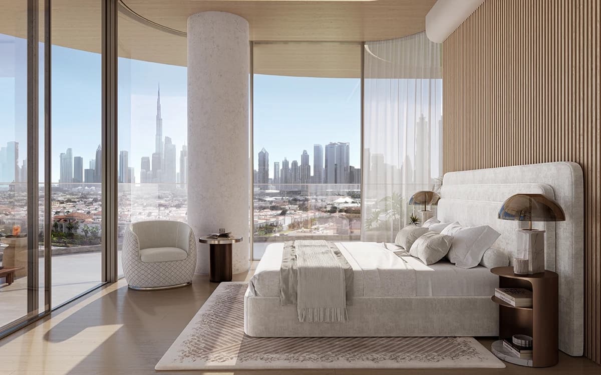 Living and dining area at dusk overlooking the Downtown Dubai skyline