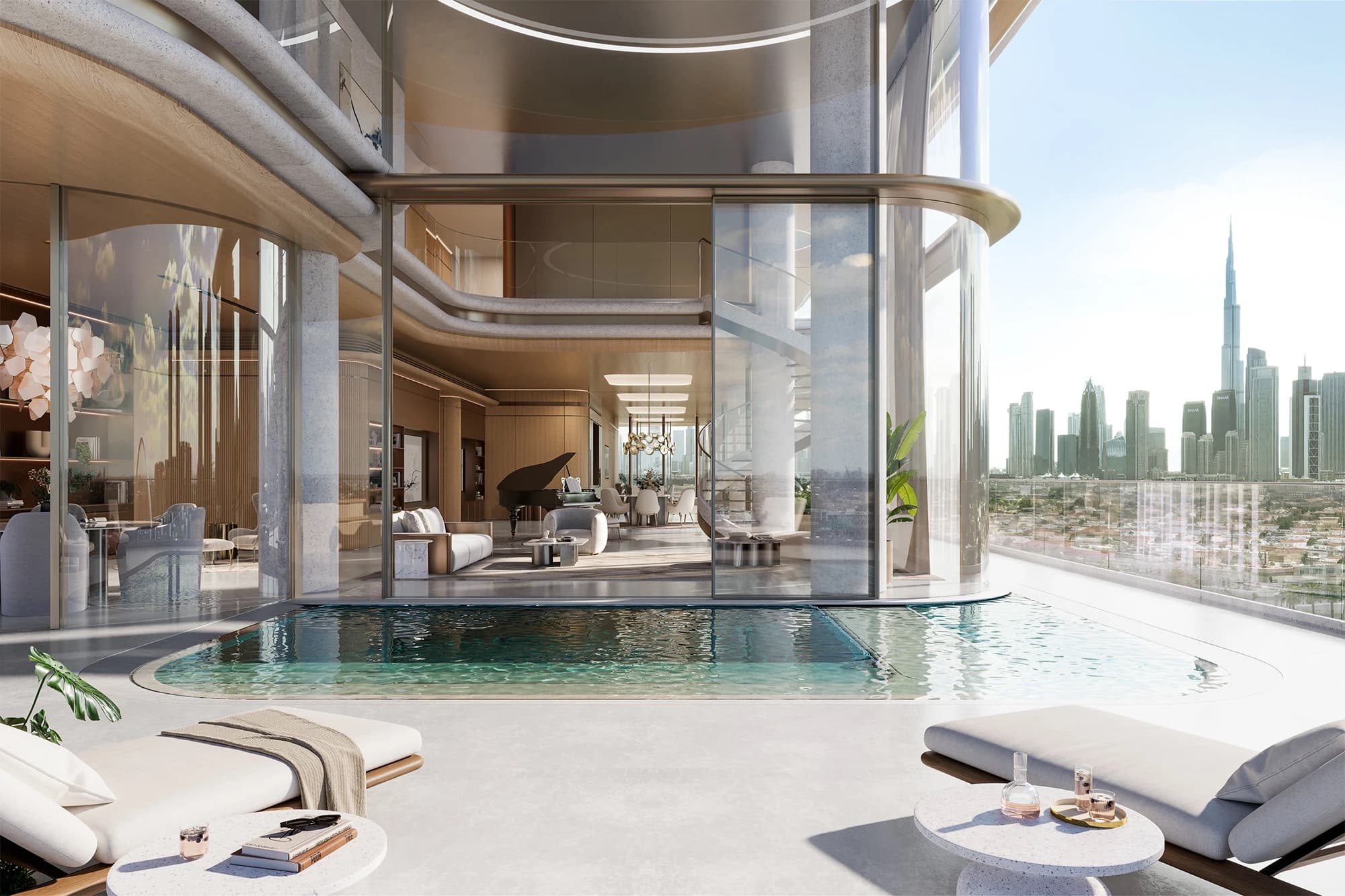 Private residence terrace and plunge pool opening into the living space, with the Downtown skyline beyond