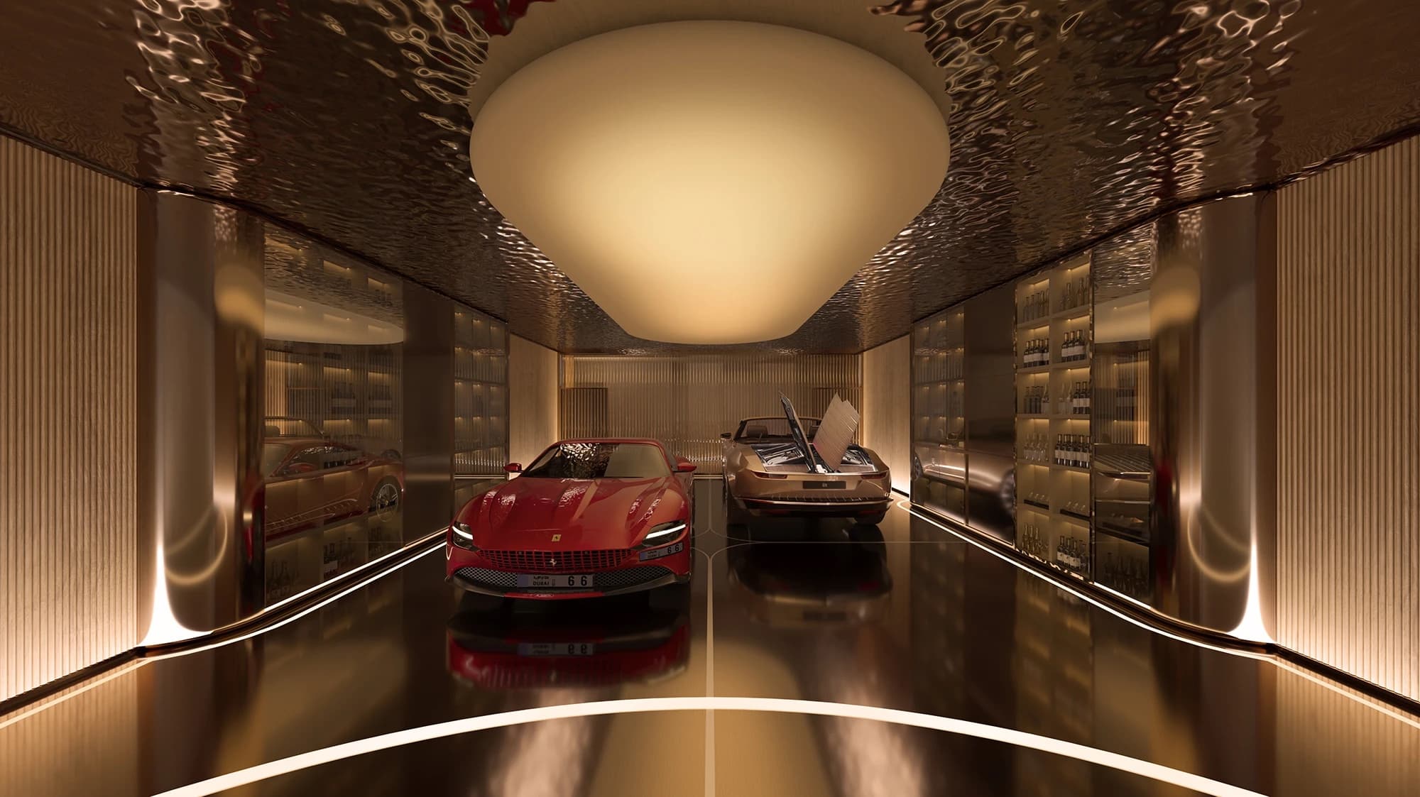 Private basement car gallery and wine display at The Rings by PMR