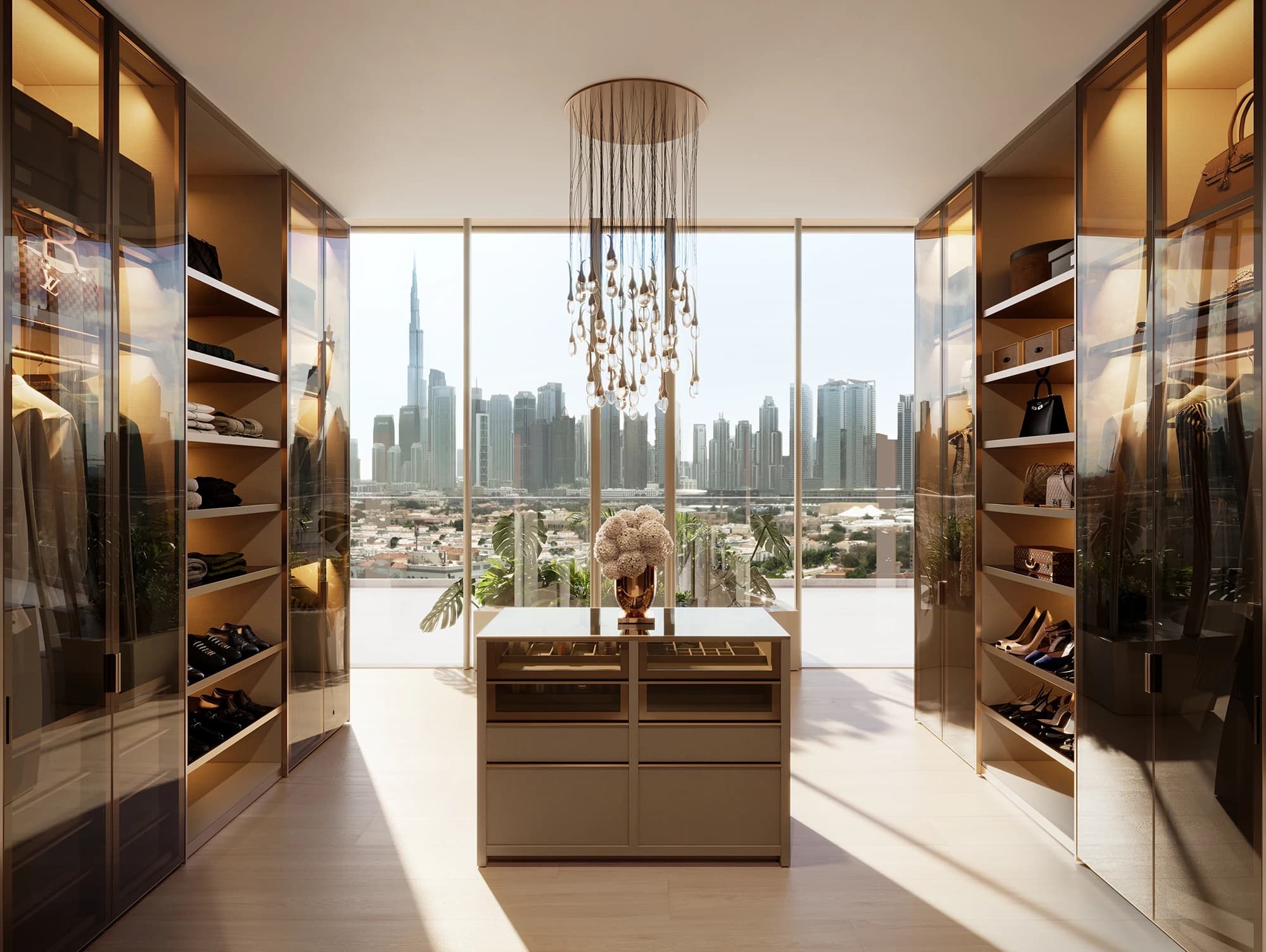 Walk-in dressing room with a Burj Khalifa view through floor-to-ceiling glass