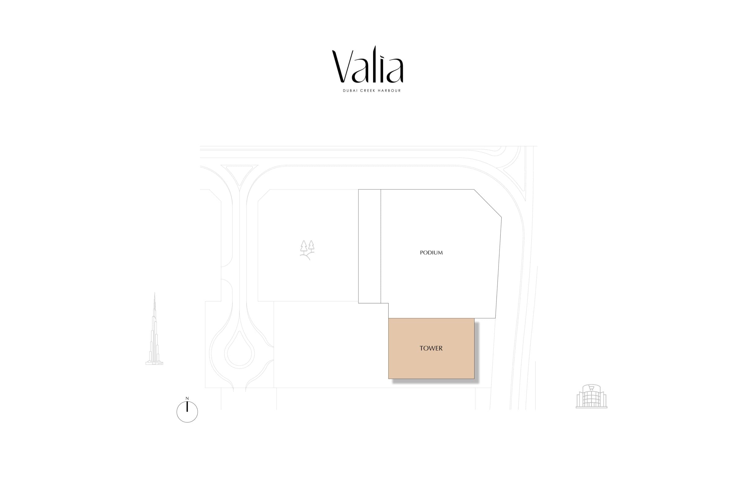 Valia site plan showing the tower's position relative to the shared podium